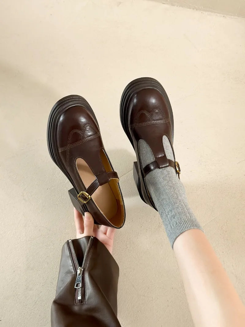 High-heeled Shoes Women Pumps Buckle Thick Heels with T-strap Ladies Chunky Heels Platform Mary Janes Woman Footwear Sandals