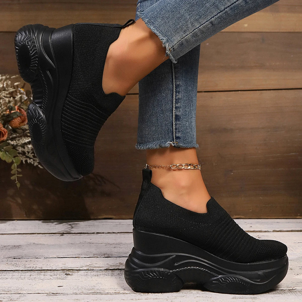 Heightening Thick Sole Fashionable Ladies Shoes 2025 Autumn New Black Mesh Breathable Casual Slip-on Women's Vulcanized Shoes