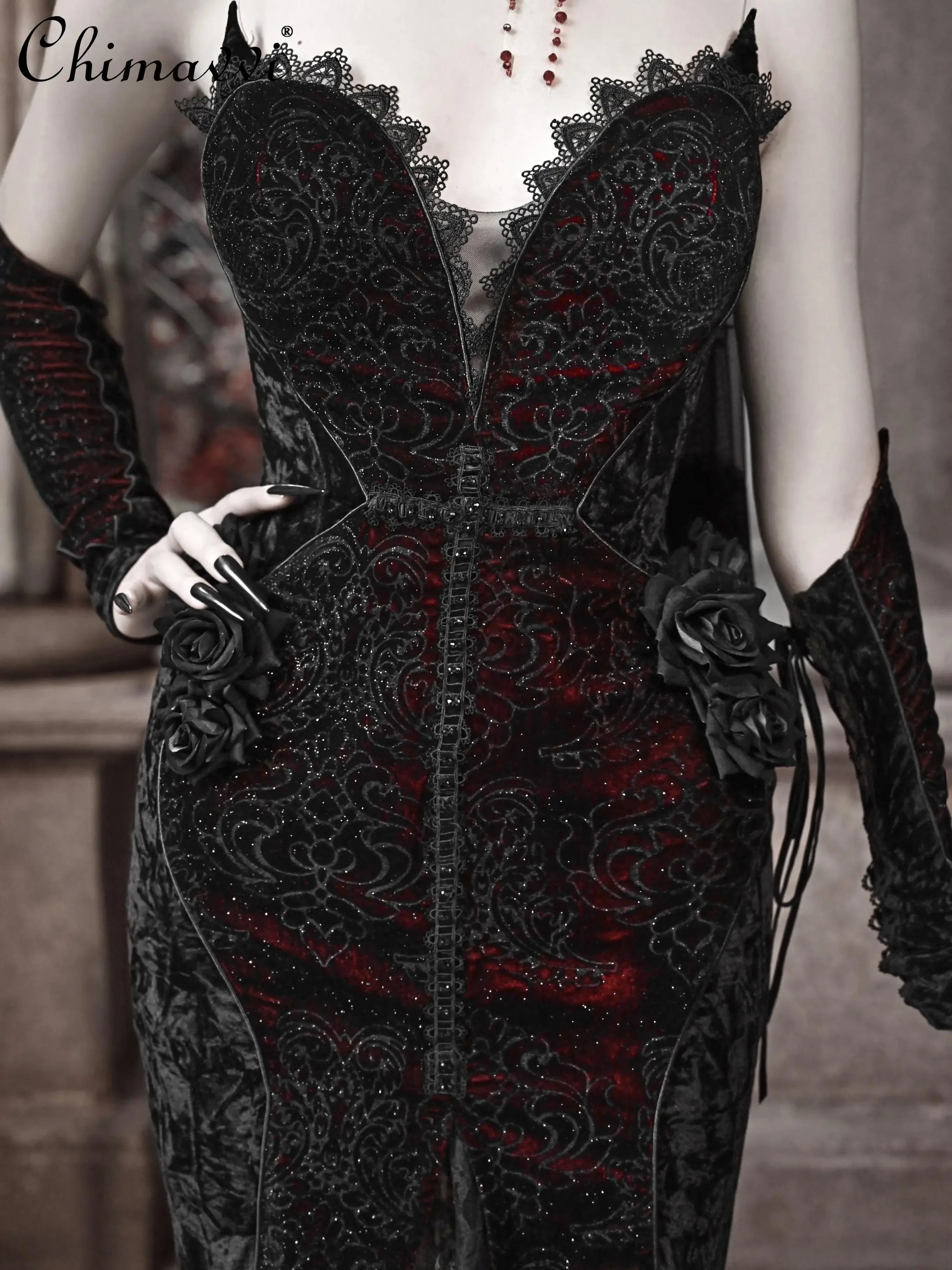 Original Gothic Love Velvet Flash Fishtail Dress 2025 Autumn New Japanese Sexy Girl Slim Elegant Long Halloween Lolita Dresses