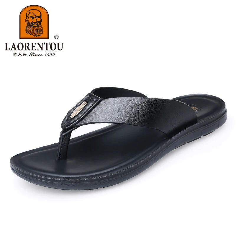 LAORENTOU slippers, men's genuine leather, Korean version, clip on flip flops, men's sandals, cowhide soft sole, anti slip