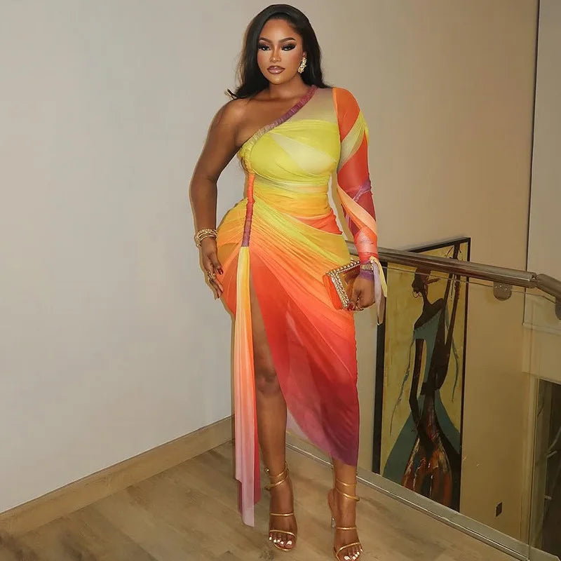 CM.YAYA Summer Women One Full Sleeve Tie Dye Print Midi Dress High Side Split High Waist Night Club Party Dresses Vestidos