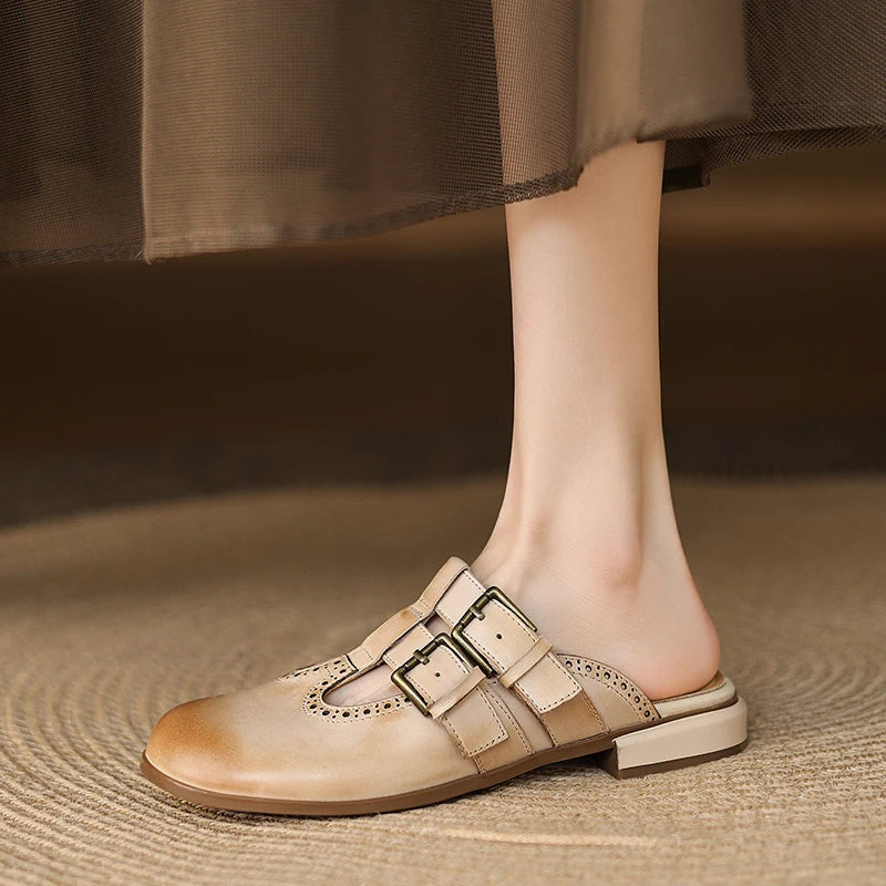 New Fashion Sandal Women Pumps Shoes Sexy Slingback Heels Retro Leather Party Casual Summer Round Toe Shoes Mueller Slippers