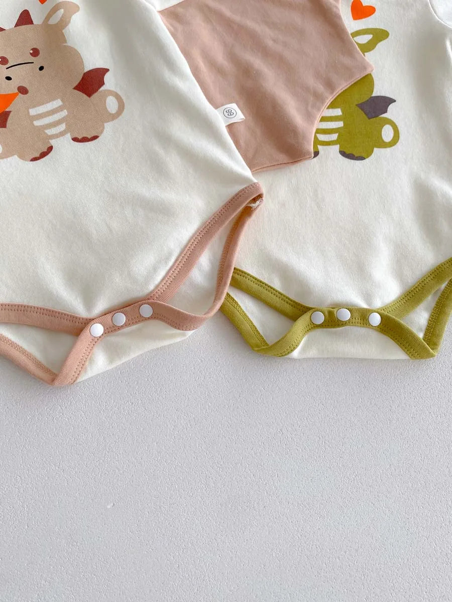 2024 Autumn New Korean Style Infant Onesie: Dragon Print Bodysuit with Hooded Design for Babies, Includes Hat