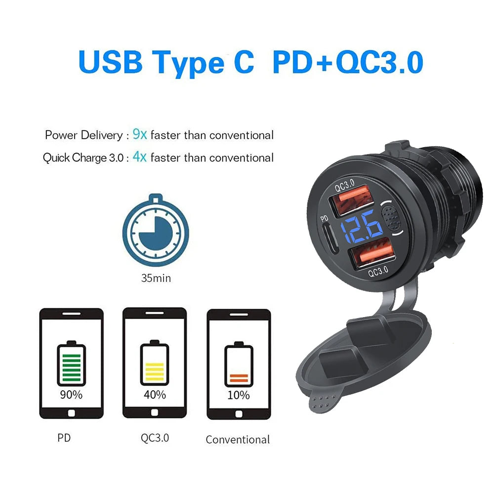 100W USB Outlet Car Charger Dual QC3.0 & PD 3 Ports USB C Socket with Voltmeter Touch Switch for Car Boat Marine Truck RV