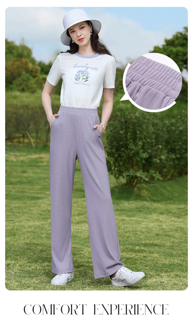 I BELIEVE YOU Wide Leg Pants Women 2024 Spring Summer New High Drape Pants Elastic High Waist Knitted Casual Trousers 2241045612