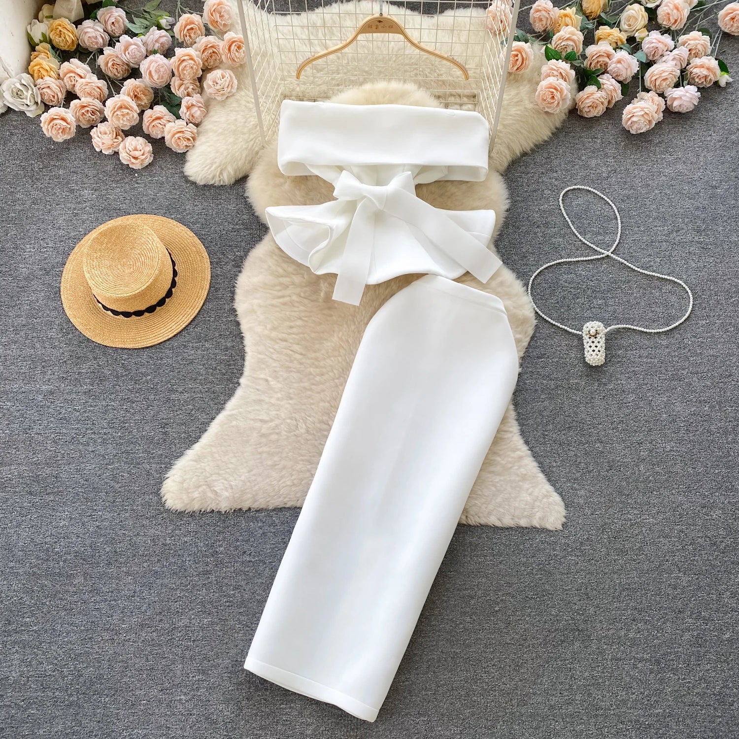 Sexy One-oulder Banded Waist Gown Set with Pleated Skirt Two-Piece Ensemble Courtly Sle Versatile Top f-length A-Line ...