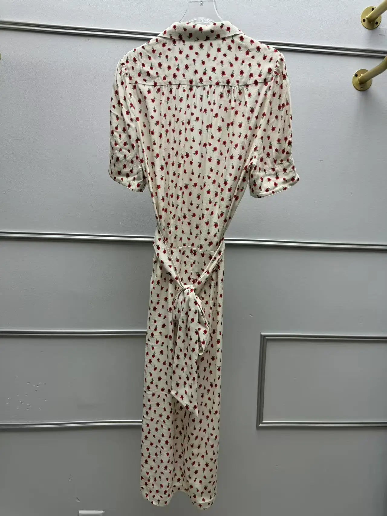 Women's Rose Printed Dress Prairie Chic Spring Summer Lady Short Sleeve Turn-Down Collar Waist Lace-Up Robe