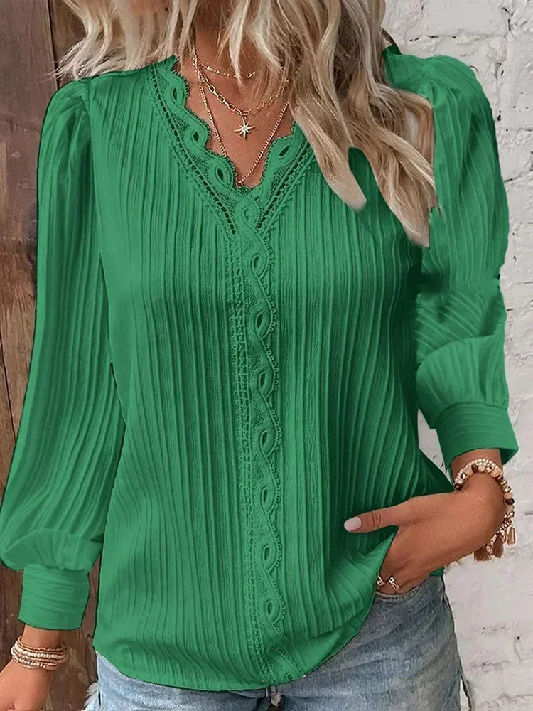 Stitching V-neck Long Sleeve Women's Pullover Chiffon Shirt Lace Stitching Shirt Loose Fall Top Simple Elegant Street Blouse