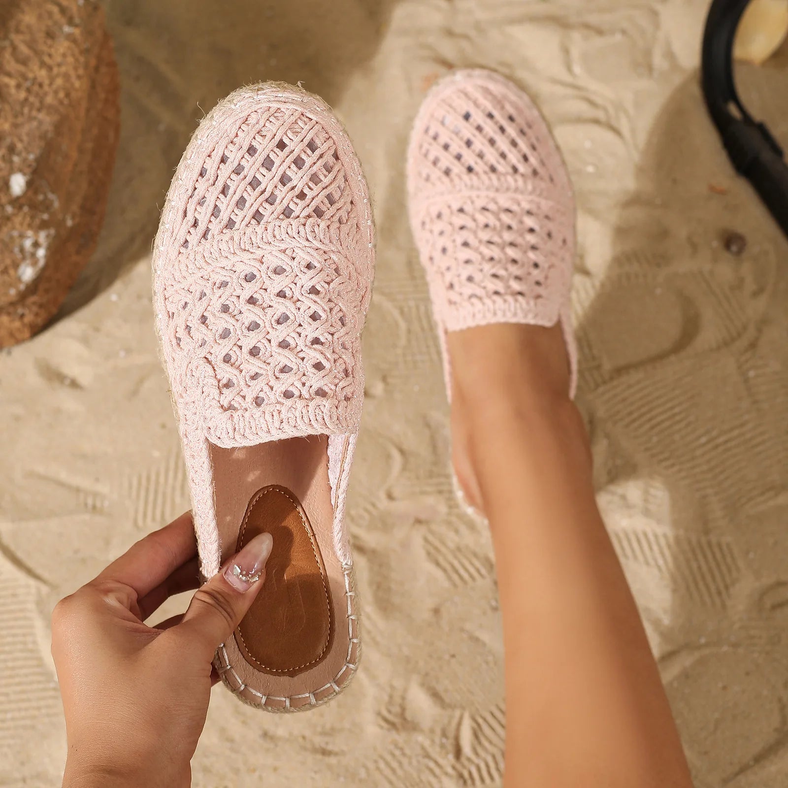 LIHUAMAO Slipper mesh espadrilles outdoor bohemian beach sandals ankle strap high heel pumps comfort csaual lady mule shoes
