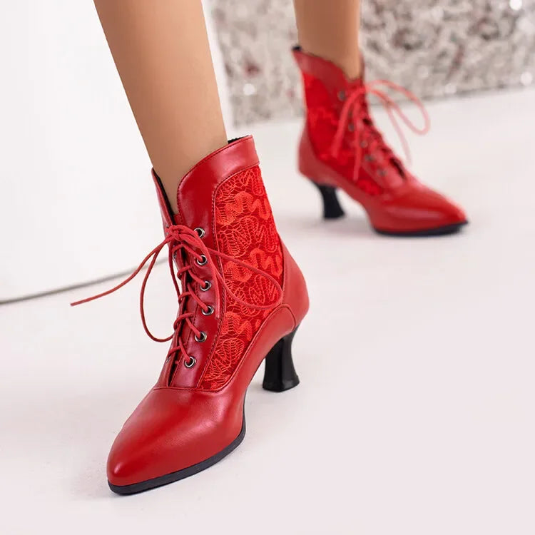 Women Victorian Ankle Boots Leather Lace Heel Shoes for women  Fashion Lace Up Spliced Ladies High Heels Woman Boots Ankle 46