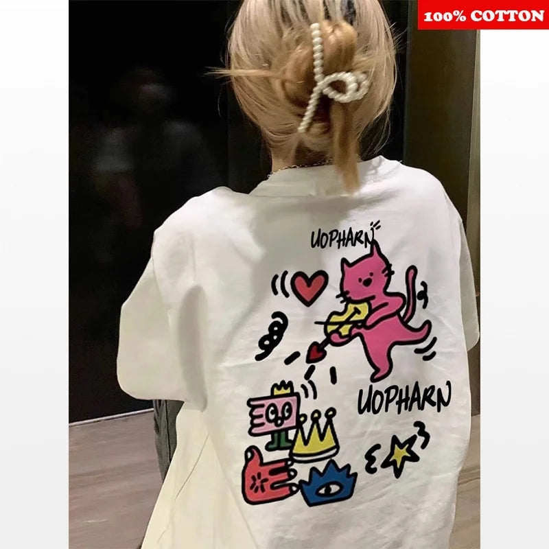 ins Cute Cartoon Print T-shirt Women's Summer 2025 New 100% Cotton Short sleeves American style T-shirt Y2k Top Female clothing