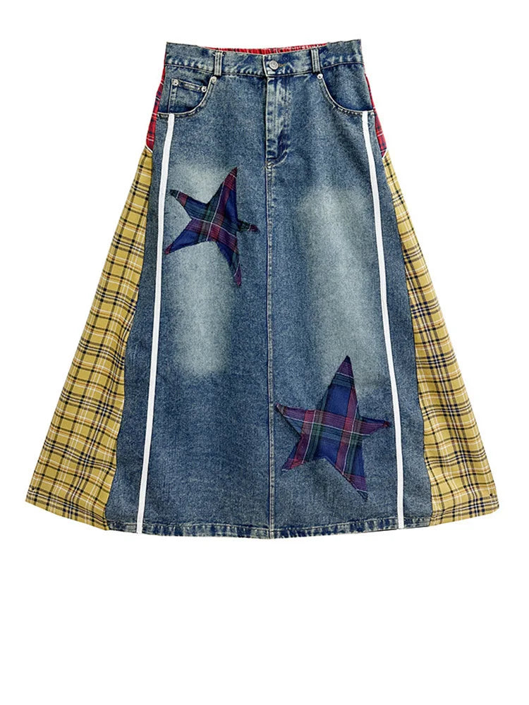 [EAM] High Elastic Waist Blue Back Plaid Denim Long A-line Half-body Skirt Women Fashion Tide New Spring Autumn 2025 1DH8117