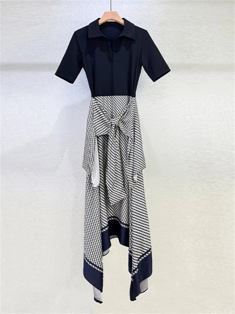 Women's Black Fake Two-Piece Irregular Midi Dress Lace Up Short Sleeved Floral Print Midi Robe