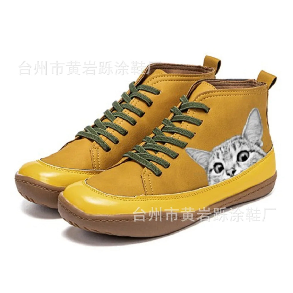 2025 European and American fashion women's mid-high boots comfortable big round toe short boots cat pattern print2025