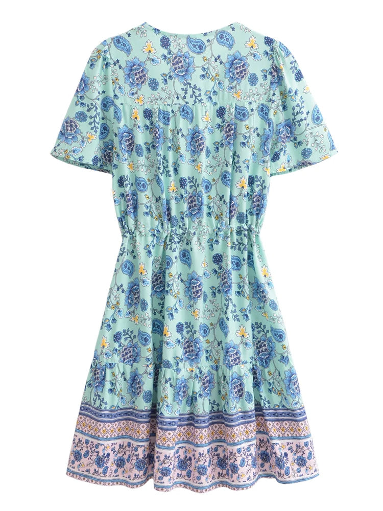 Boho Queens Women Wild Floral Print Deep V-neck Summer Bohemian Mini Dresses Robe Lady Short Sleeve Beach Boho Dress Vestidos