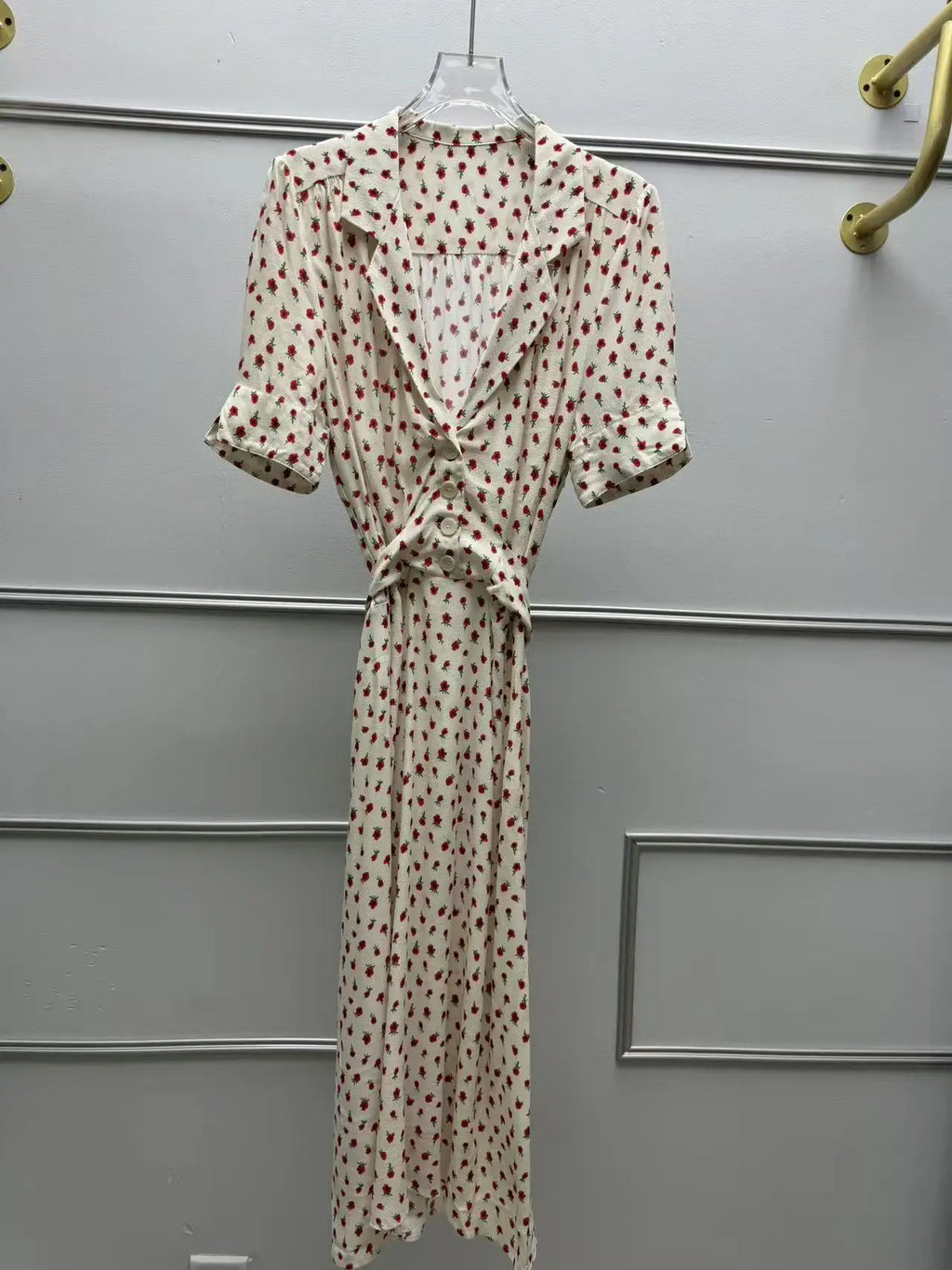 Women's Rose Printed Dress Prairie Chic Spring Summer Lady Short Sleeve Turn-Down Collar Waist Lace-Up Robe