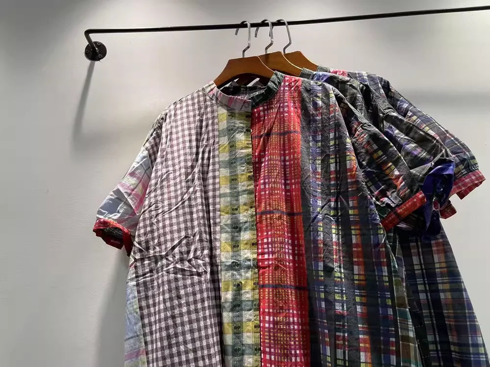 Women's plaid shirts casual 100% cotton long shirt dress for women Japan fashion short sleeve mid-length plaid patchwork shirt