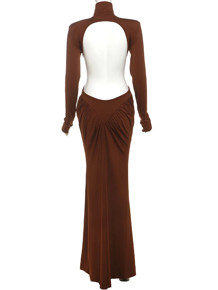 Cutenew High Street Women Maxi Dress Classic Sexy Backless Straight Shoulder Full Sleeve Ruched Bodycon Mujer Evening Vestidos