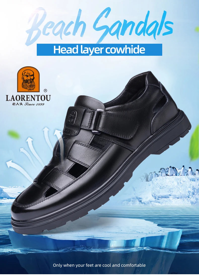 LAORENTOU leather sandals, men's breathable hollow hole shoes, toe wrapped cowhide, anti slip and wear-resistant casual  shoes