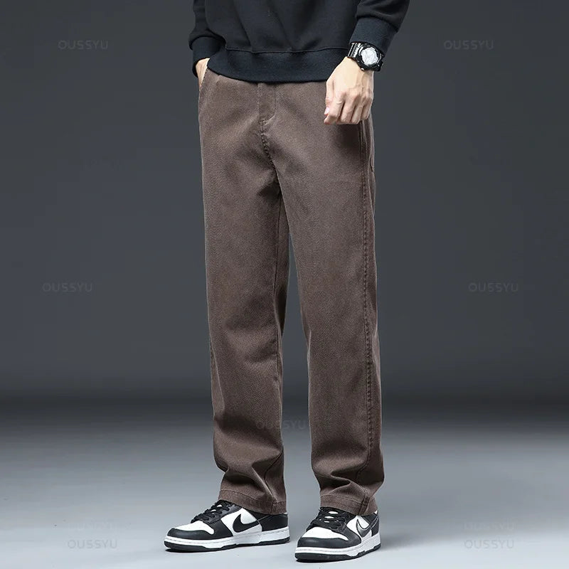 Spring Autumn New Upgraded Lyocell Fabric Jeans Men Loose Straight Elastic Waist Casual Denim Pants Trousers Male Large Size 5XL