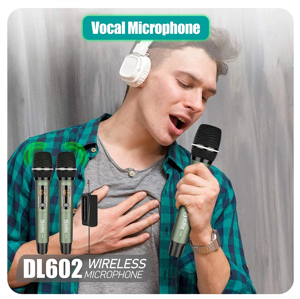 Rechargeable Battery Microphone 2 Channel UHF Wireless Microphone Dual Handheld Dynamic Adjust Frequency For Stage 200ft DL602