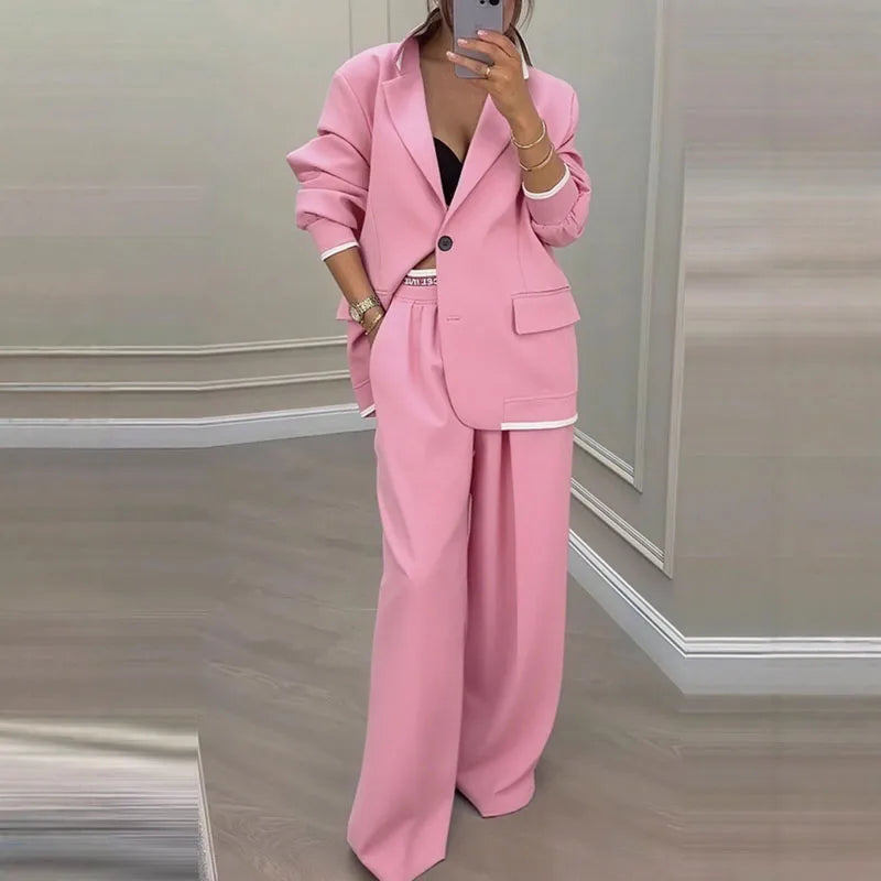 Autumn Winter Blazer Jacket Set Woman Elegant Single Button Lapel Cardigans & Wide Leg Trousers Suit Elegant Solid Office Outfit