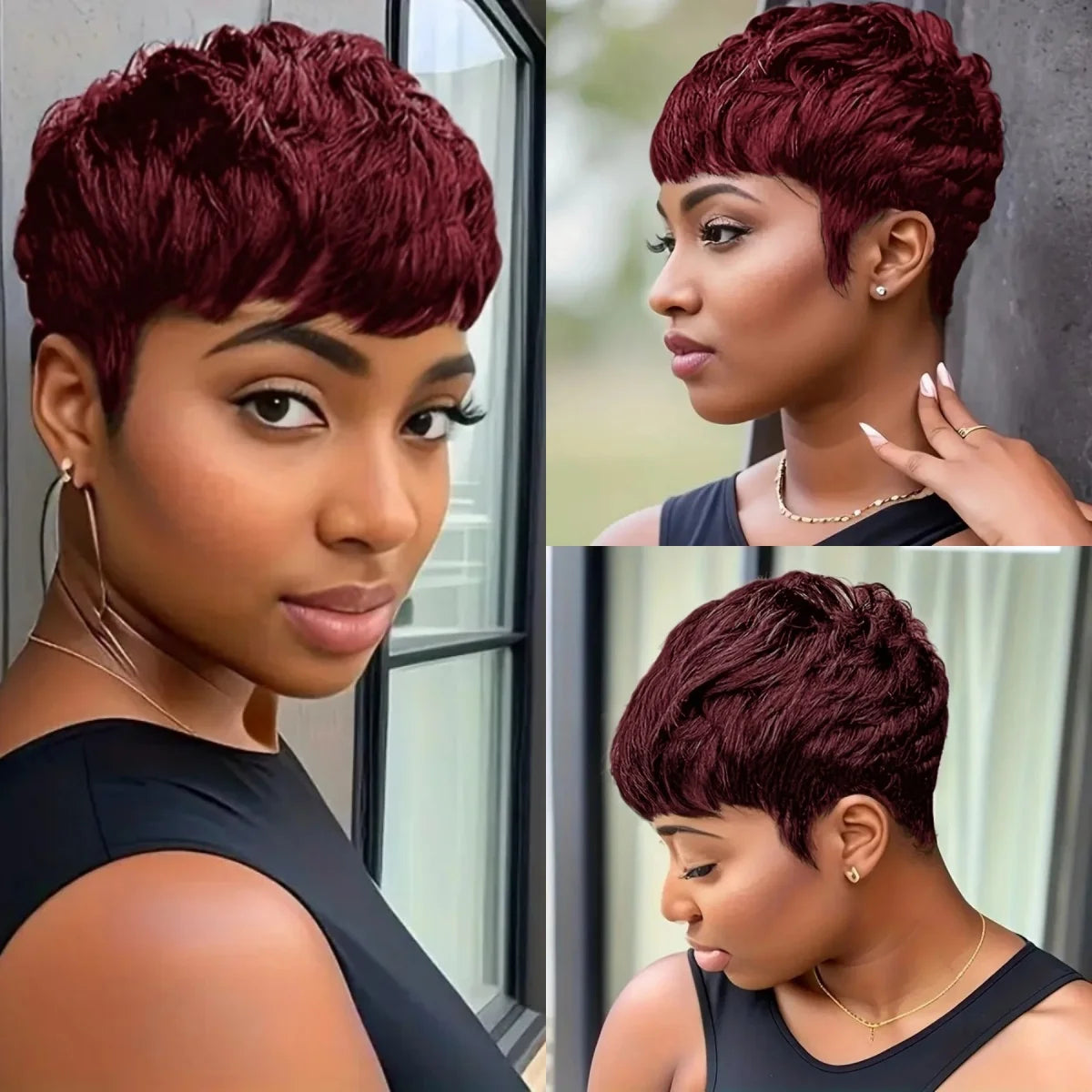 Brazilian Remy Human Hair Pixie Cut Wig Wave Full Machine Made wig Layered Wig Natural Look for Women