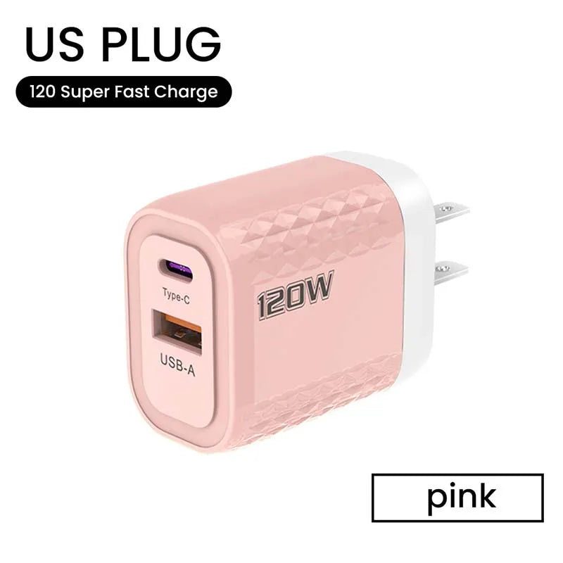 120W Charger USB C Fast Charger For iPhone Xiaomi Samsung Oneplus Phone Adapter 2 Ports QC3.0 Fast Charging PD Charger Adapter