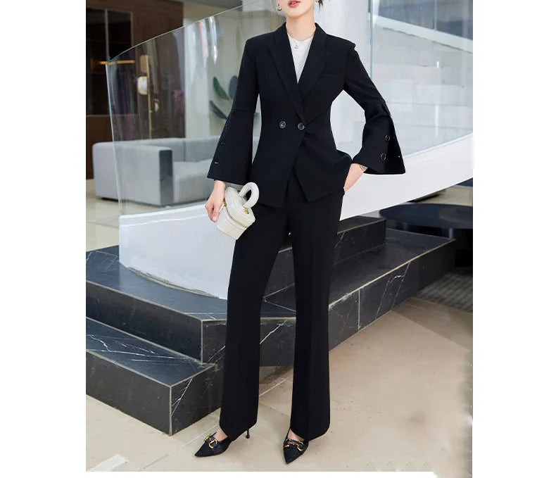Yitimuceng Slim Blazers for Women 2024 Office Ladies New Fashion Long Sleeve Coats Solid Lapel Double Breasted Pant Suits