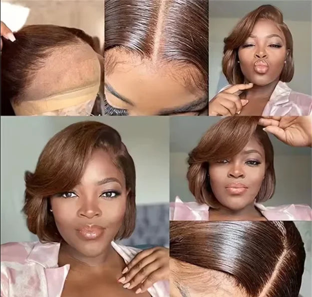 Malaysian 13x4 Lace Wig Side Part Pixie Cut Wigs 100% Human Hair Side Part Straight Bob Wig Transparent Lace For Black Women