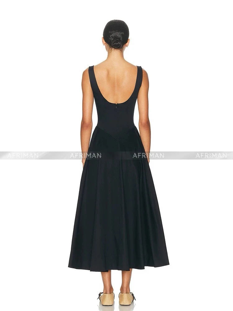 2025 New Hepburn Style Organic Cotton Temperament Backless Long Black Dress for Women