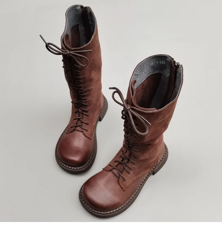 Autumn 2024 Shoes Long Noses Riding Boots Natural Leather Wide Toe Women's Boots Kne-High Cowhide Suede Single Lace-up booties