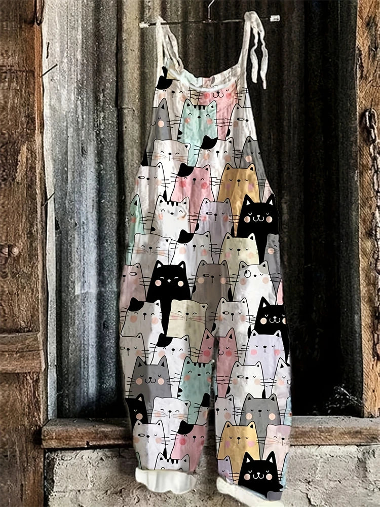 2025 New Spring And Summer Halter Jumpsuit Women's Fun Cat Print Pullover Halter Pants Casual Loose High Waist Jumpsuit