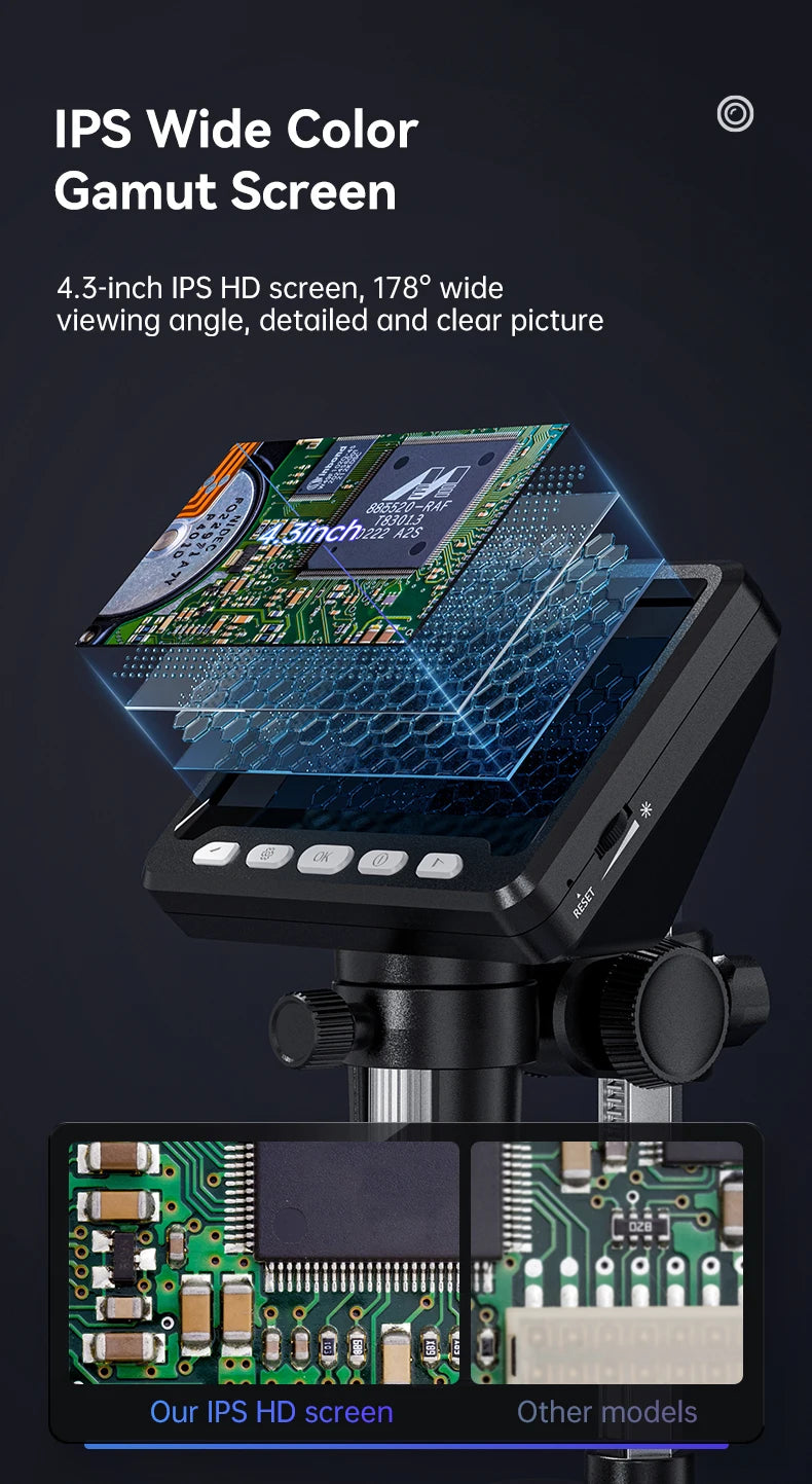 4.3 Inch IPS Digital Microscope 2MP HD Lens 1000X Magnification 8LED Adjust Light Electronic Microscopio Repair Coin Magnifier