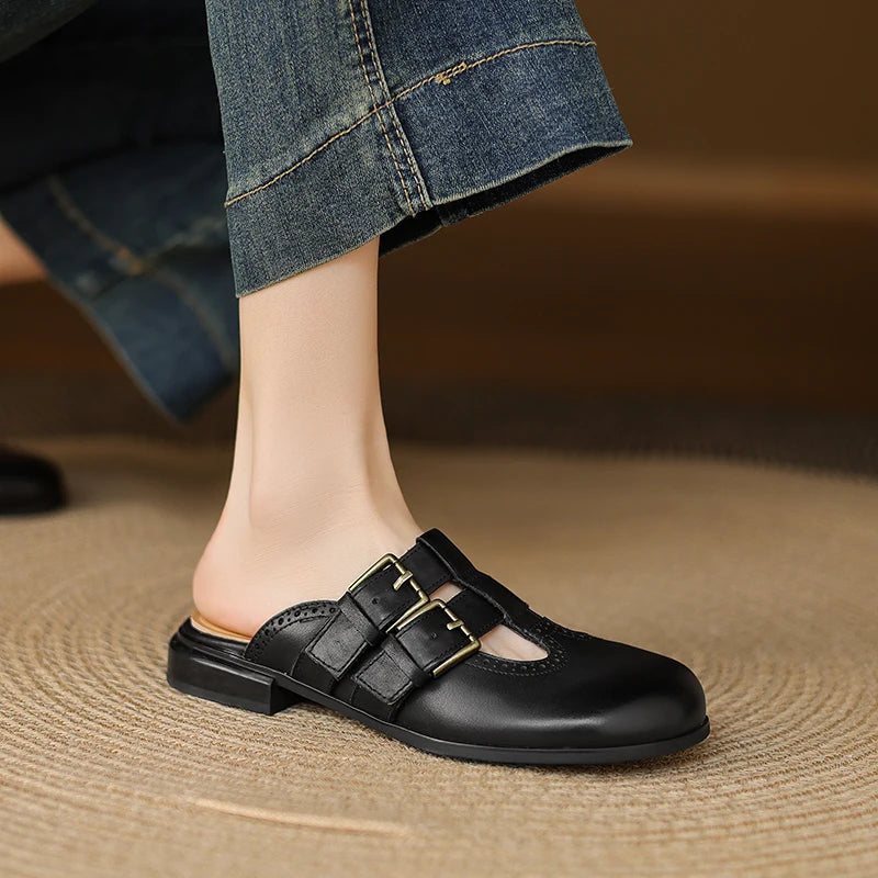 New Fashion Sandal Women Pumps Shoes Sexy Slingback Heels Retro Leather Party Casual Summer Round Toe Shoes Mueller Slippers