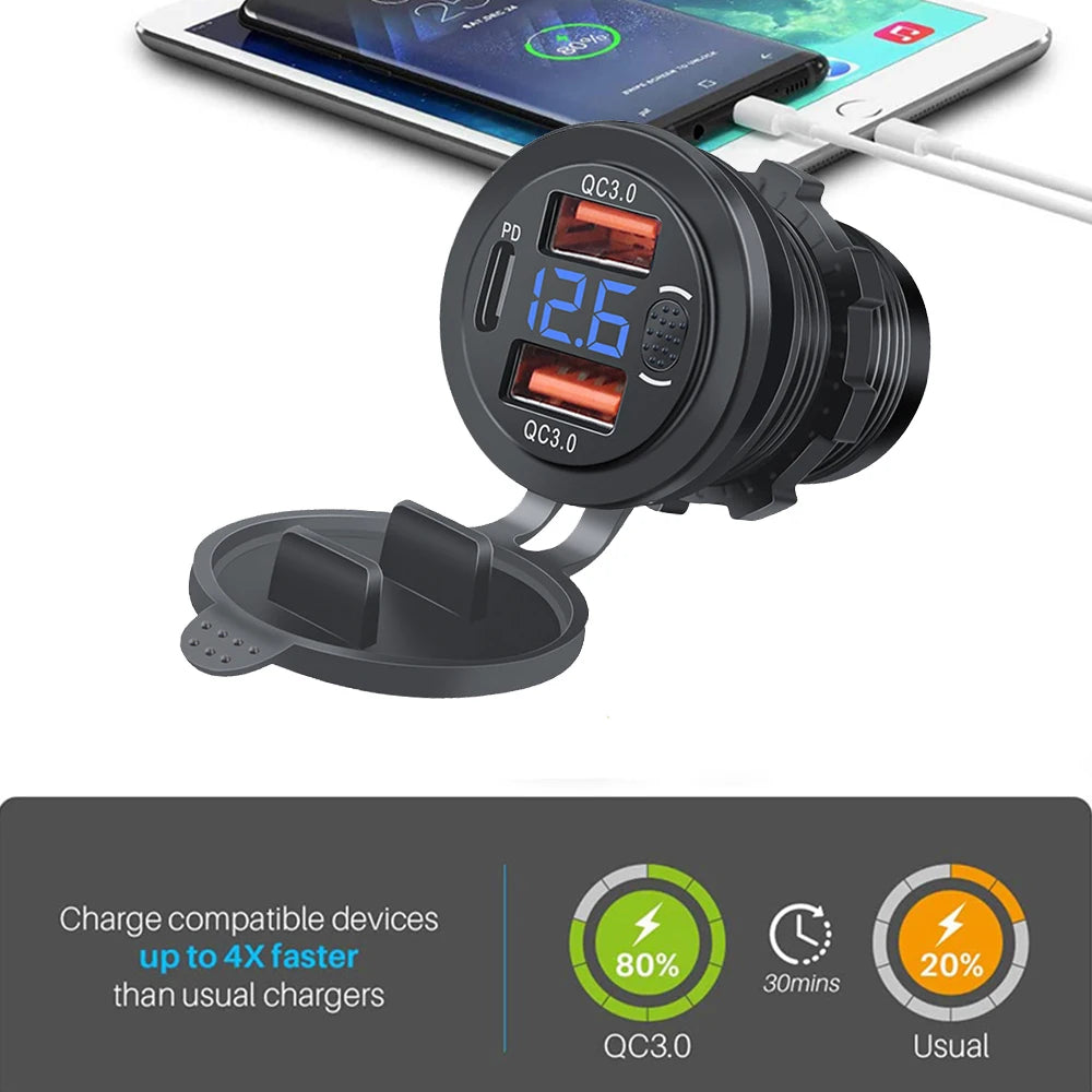 100W USB Outlet Car Charger Dual QC3.0 & PD 3 Ports USB C Socket with Voltmeter Touch Switch for Car Boat Marine Truck RV