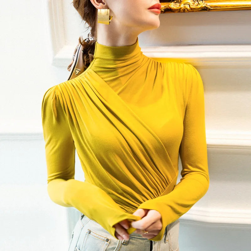 EVNISI Women Casual Thickening Warm Shirt Elegant Office Long Sleeved T-shirt Mock Neck Women Bottoming Tops 2024 Autumn Winter