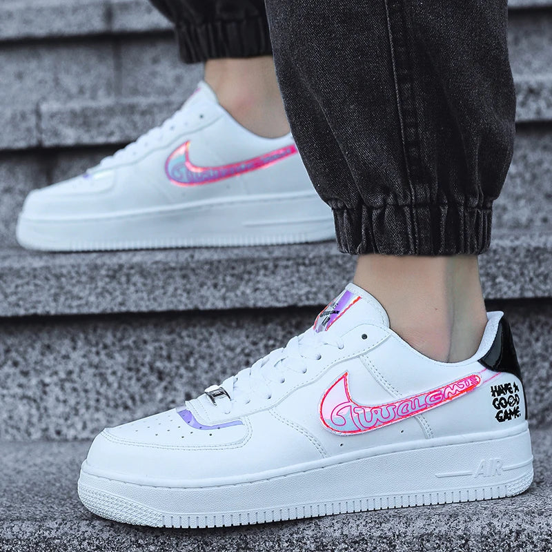 Aj1 Men's Air Force One Men's Shoes Video Game Pixel White Laser Joint Low-Top Sneakers Casual White Shoes