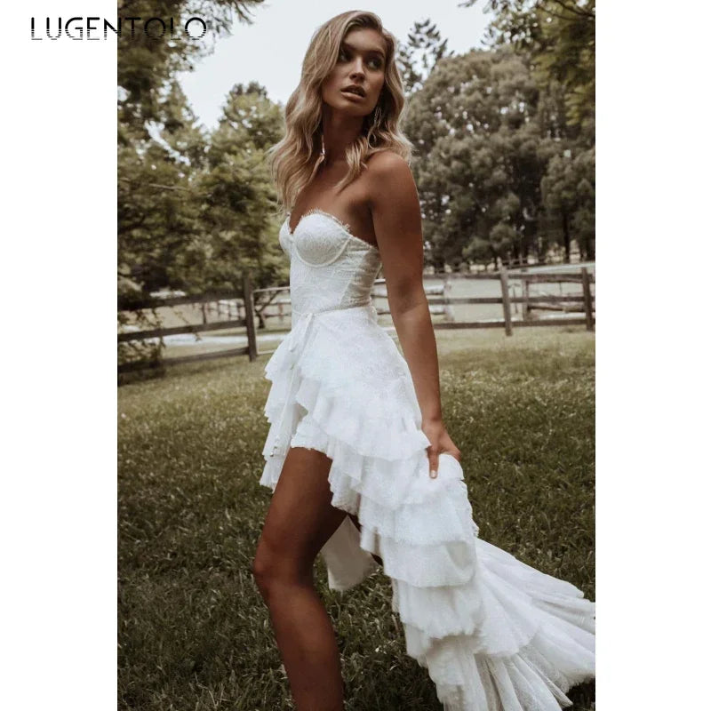 Sexy Dress Women Spaghetti Strap Breast Wrap Party Ladies White Lace Irregular  Slim Empire Long Clothing Lugentolo