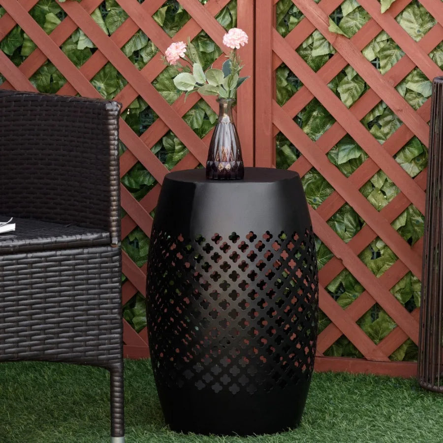 12.5 Steel Patio Side Table Round Hollow Drum Design Black for Indoor Outdoor