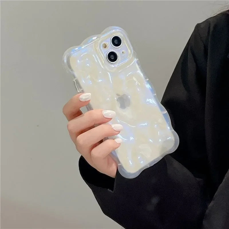 Transparent 3D Bubbles Shape Curly Shiny Phone Case For iPhone 17 Pro Air 15 16 Plus 14 13 12 Pro Max 11 Meteorite Wave Cover