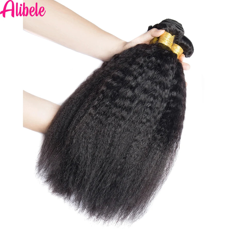 Alibele Kinky Straight Human Hair Bundles 32 Inches Malaysia Remy Hair Yaki Straight Hair Bundles Natural Color for Black Women
