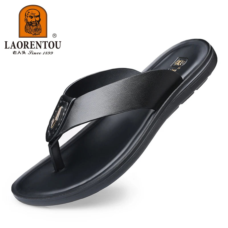 LAORENTOU slippers, men's genuine leather, Korean version, clip on flip flops, men's sandals, cowhide soft sole, anti slip