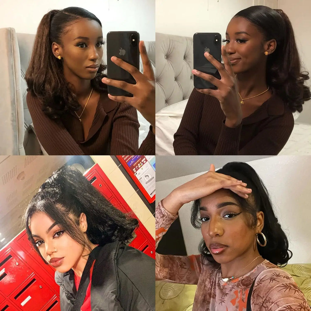 Synthetic Tail Warping 16"  Kinky Straight Hairpiece Drawstring Ponytail Hair Extension Natural Black Women Girl Daily Party Use