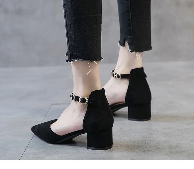 Small Size 31-34 Fashion Closed Toe Sandals Low Heeled Woman Ankle Strap Shoes Pointed Thick Heel Sandalias De Mujer Ladies Shoe