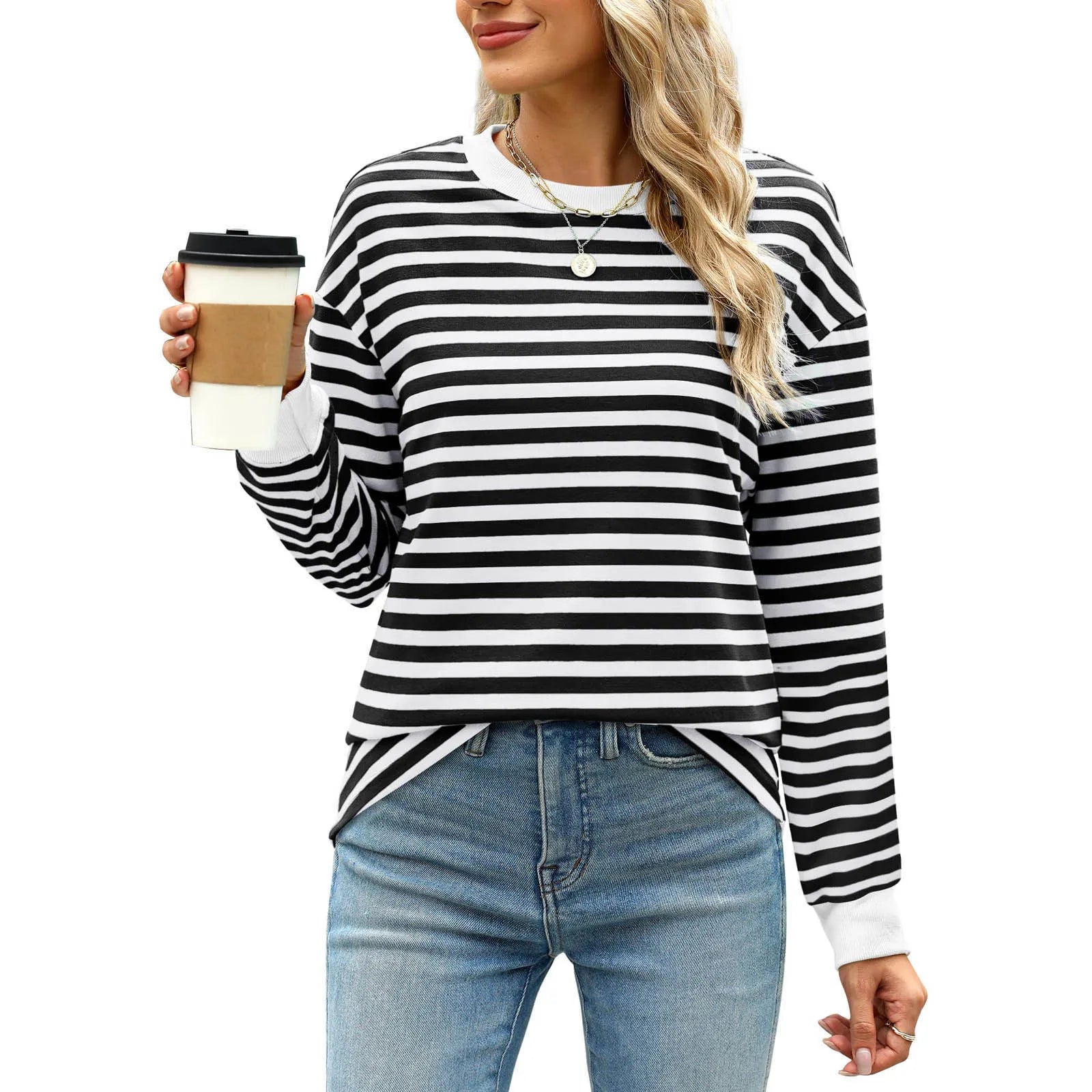 Women Casual Top Fashion Contrast Loose Round Neck Long Sleeve Stripe Printed Top Oversized Loose Pullover Autumn Clothes