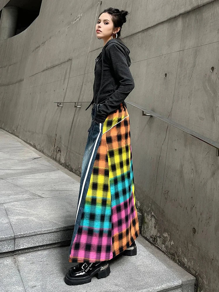 [EAM] High Elastic Waist Blue Back Plaid Denim Long A-line Half-body Skirt Women Fashion Tide New Spring Autumn 2025 1DH8117