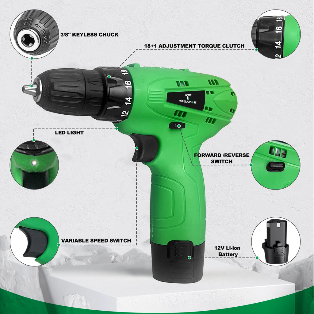 12V Cordless Drill Kit , with Battery and Charger, Variable Speed, 18+1 Torque Drill, 3/8 Inch Keyless Chuck Bit