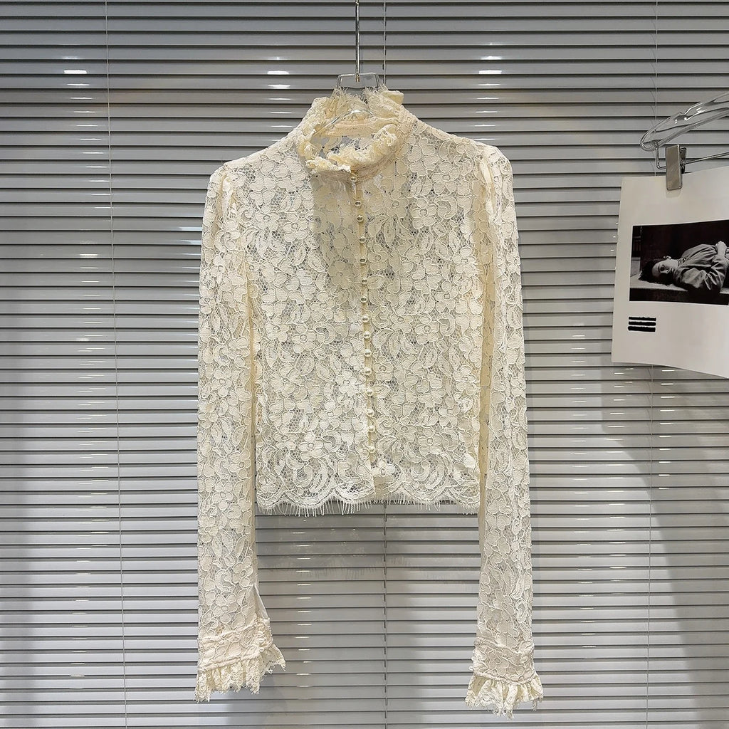 KTCZ Solid Spliced Lace Hollow Out Blouse For Women Long Sleeve Single Breasted Patchwork Print Minimalist Chic Blouse Female