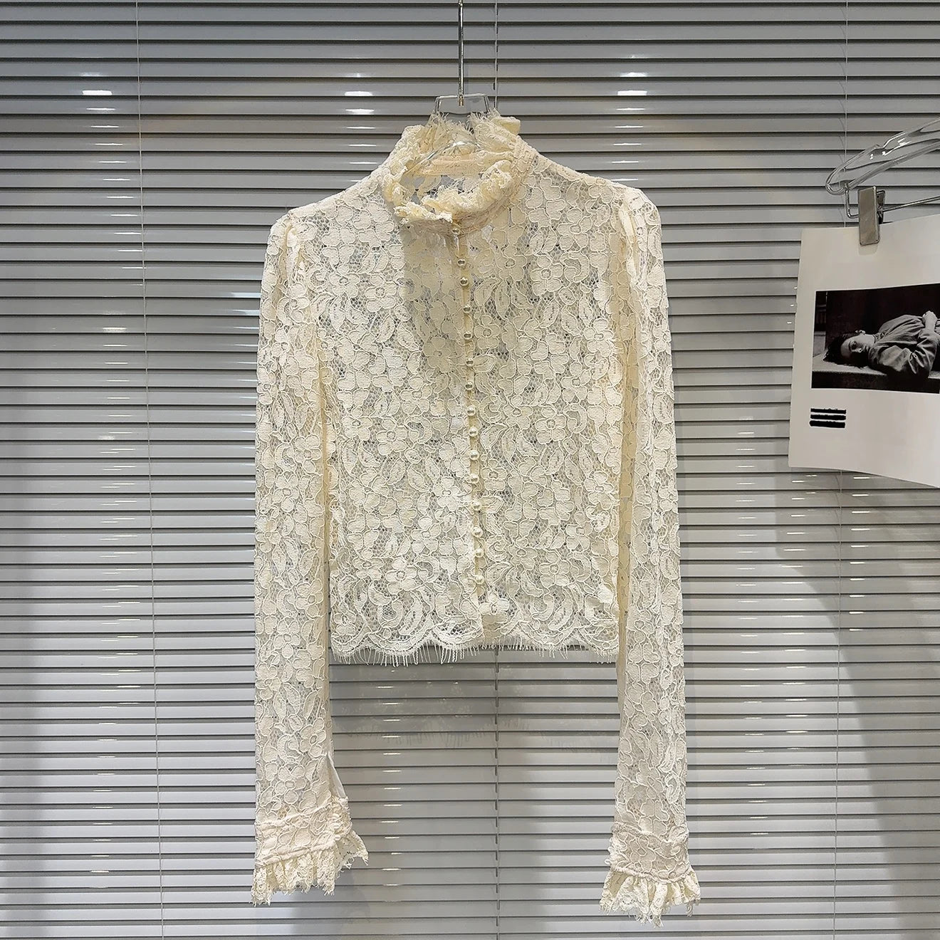 KTCZ Solid Spliced Lace Hollow Out Blouse For Women Long Sleeve Single Breasted Patchwork Print Minimalist Chic Blouse Female